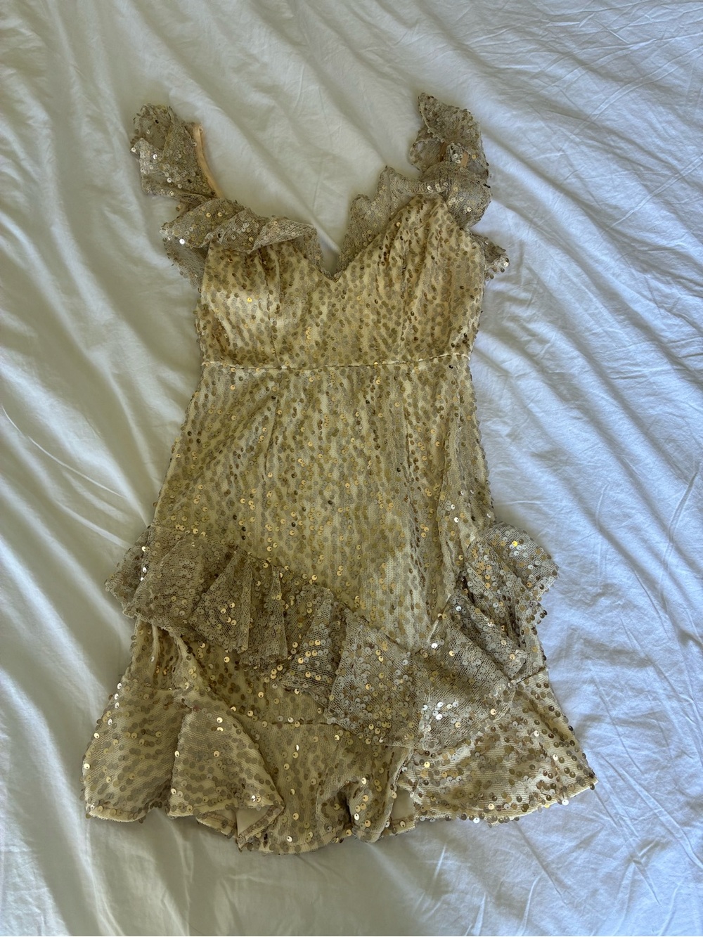 Angel Biba Champagne Sequin Ruffle Mini Dress